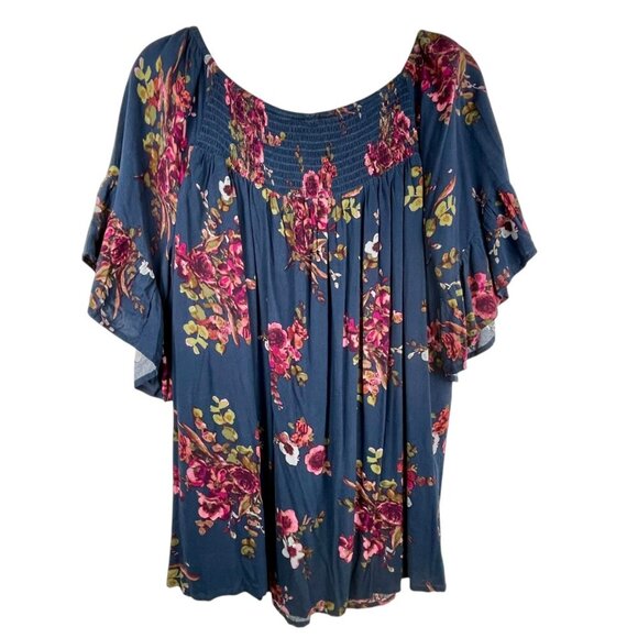 Terra & Sky Flutter Sleeve Blue Floral Blouse Sz 14W Smocked Neck Dark Romantic - Picture 3 of 15